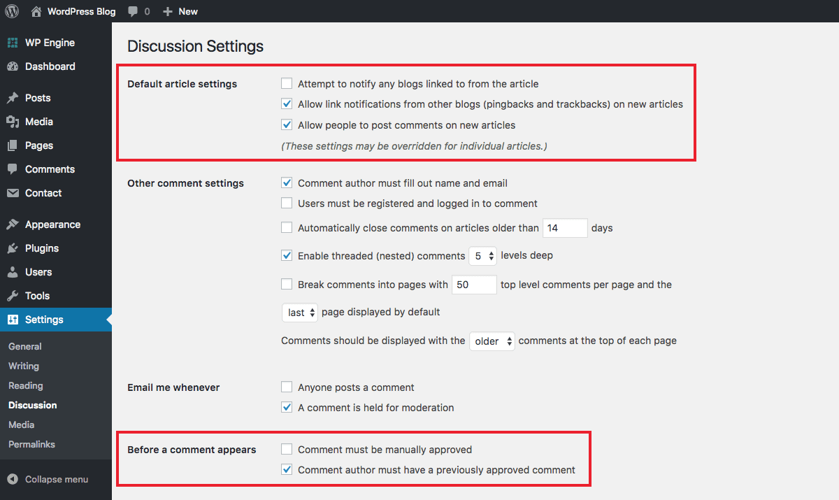 WordPress 仪表盘讨论设置