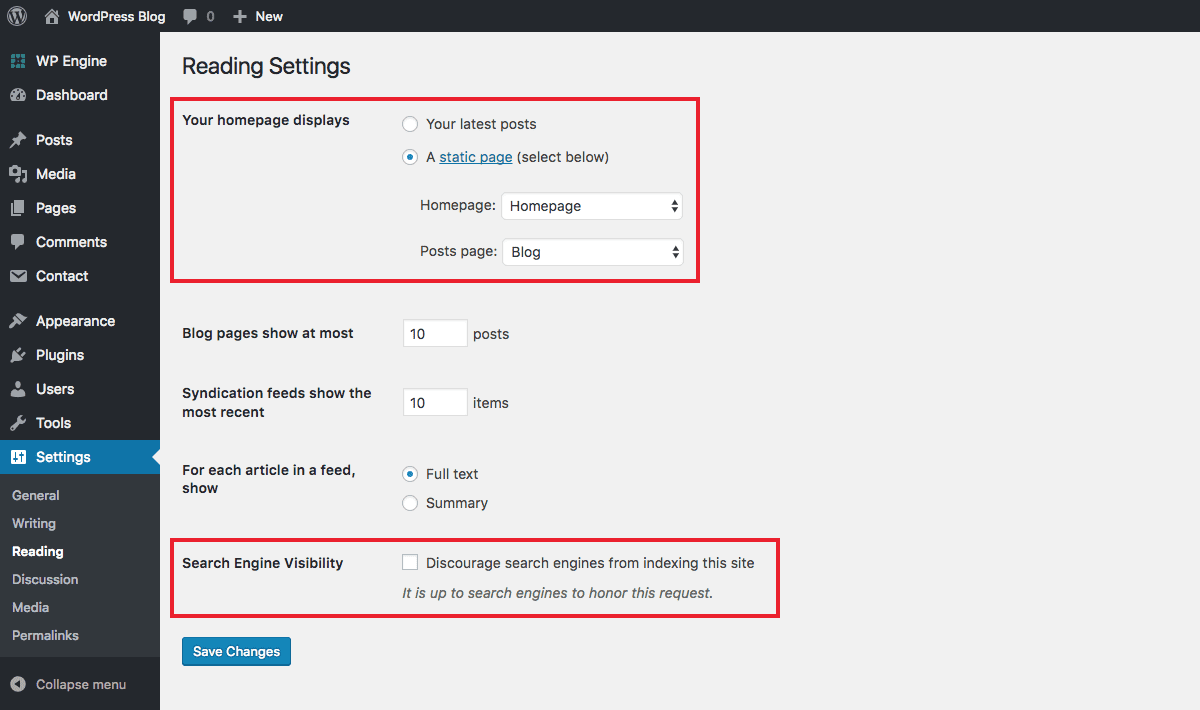 WordPress 仪表盘阅读设置