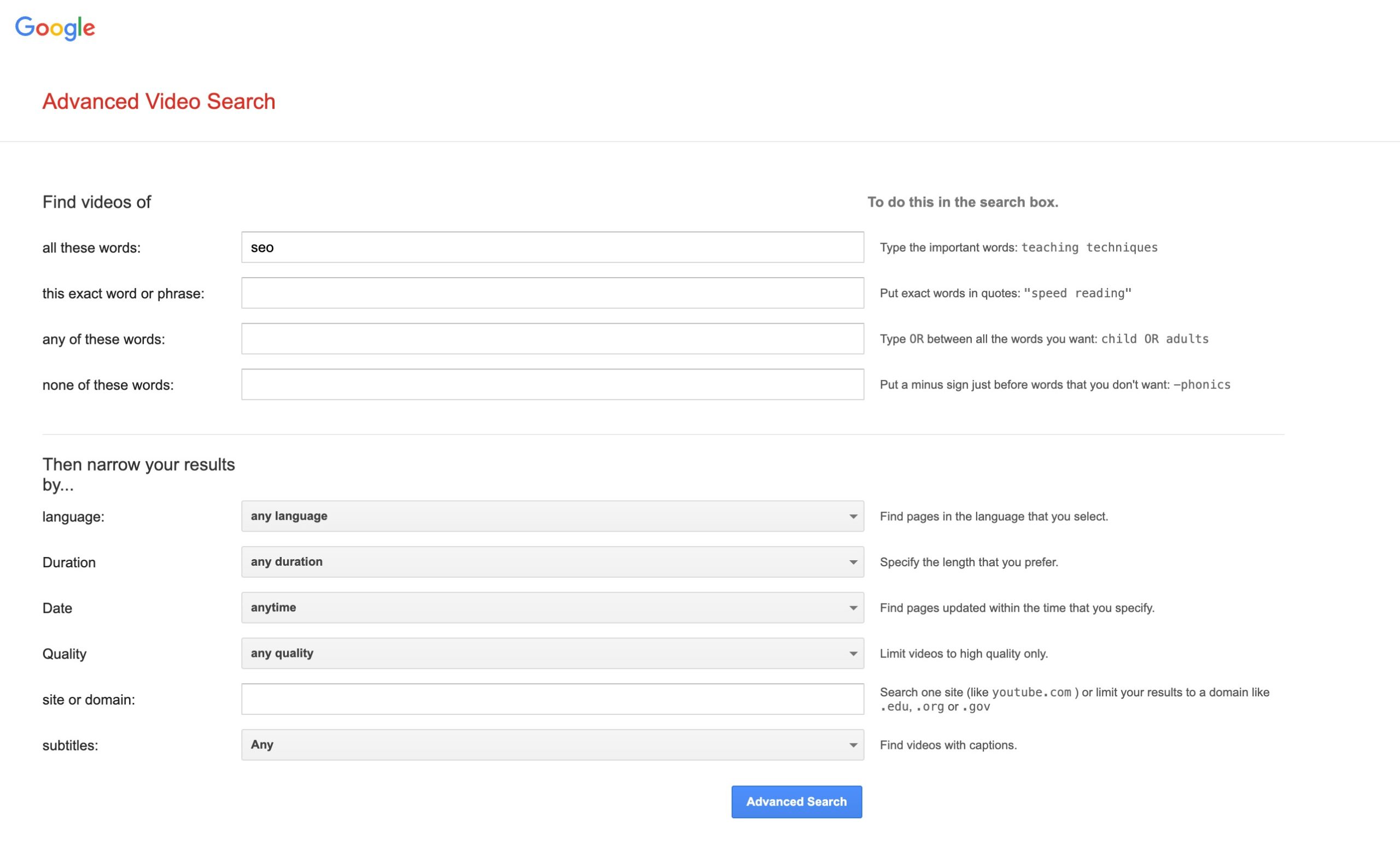 Google 高级视频搜索
