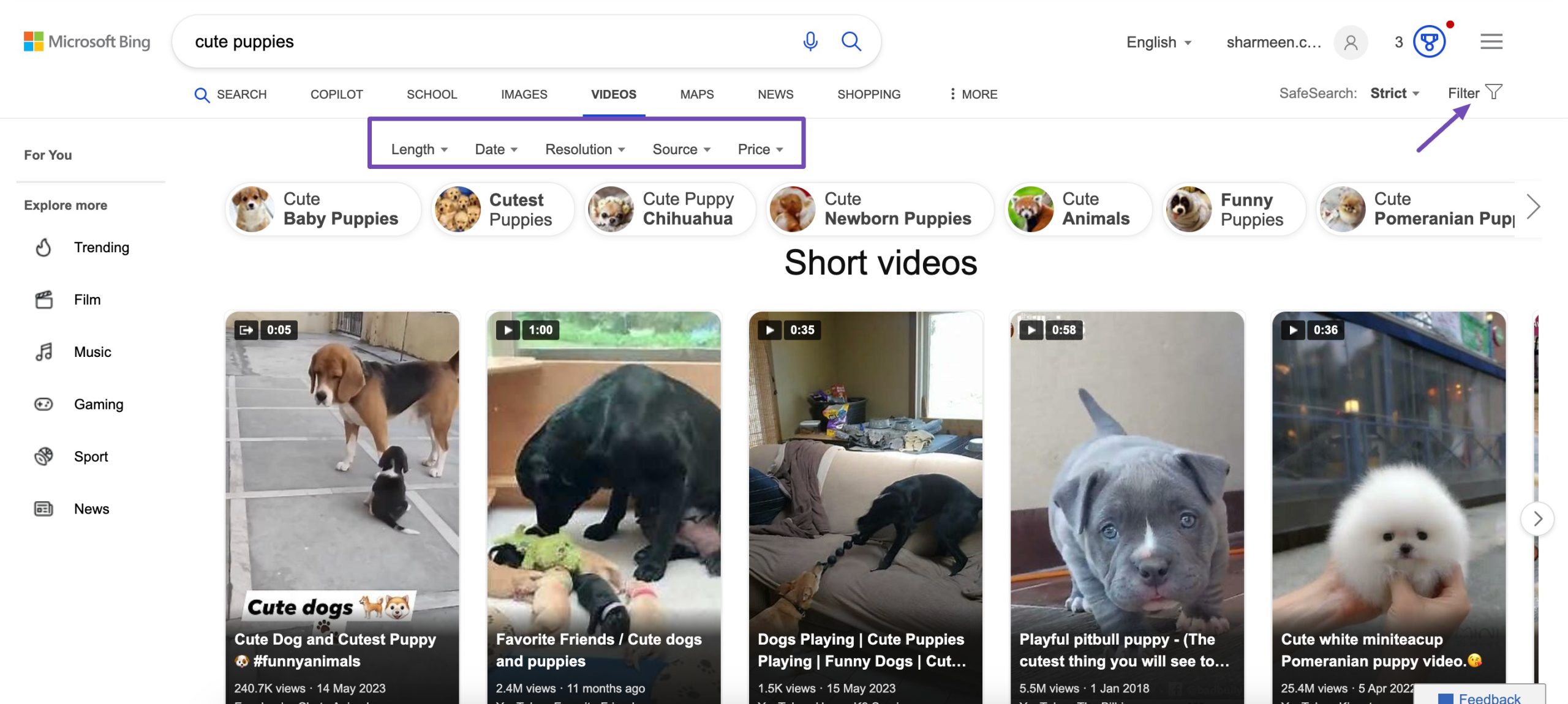Bing 视频搜索筛选