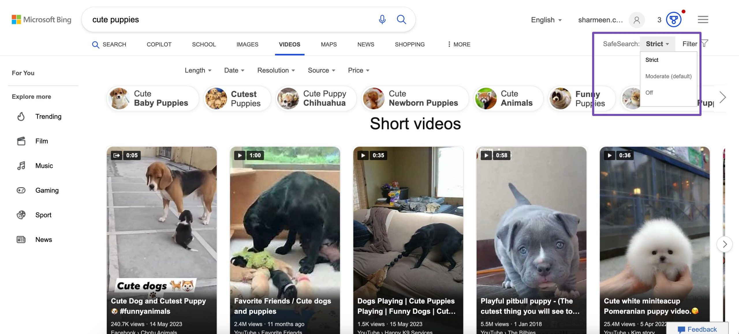 Bing 视频搜索筛选选项