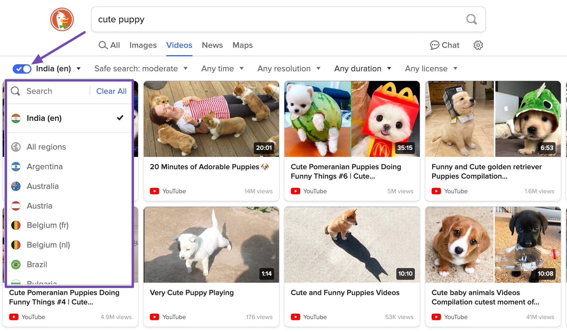 DuckDuckGo 视频搜索国家筛选
