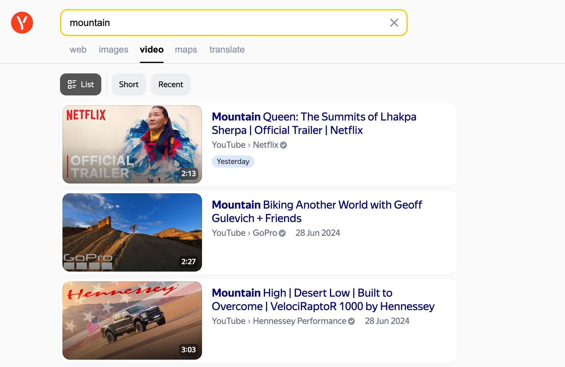 Yandex 视频搜索