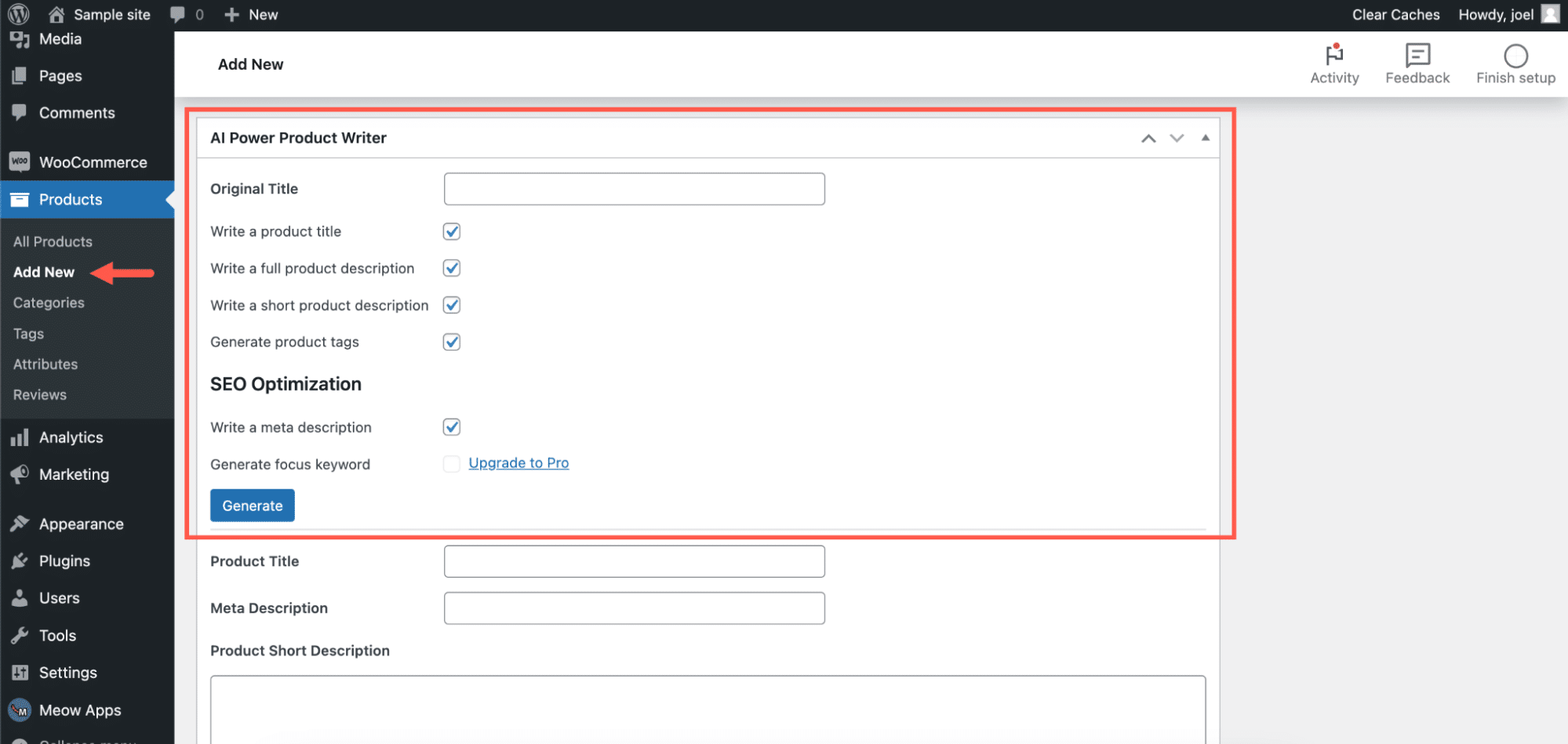 WooCommerce 添加新产品页面显示 AI Power Product Writer 部分