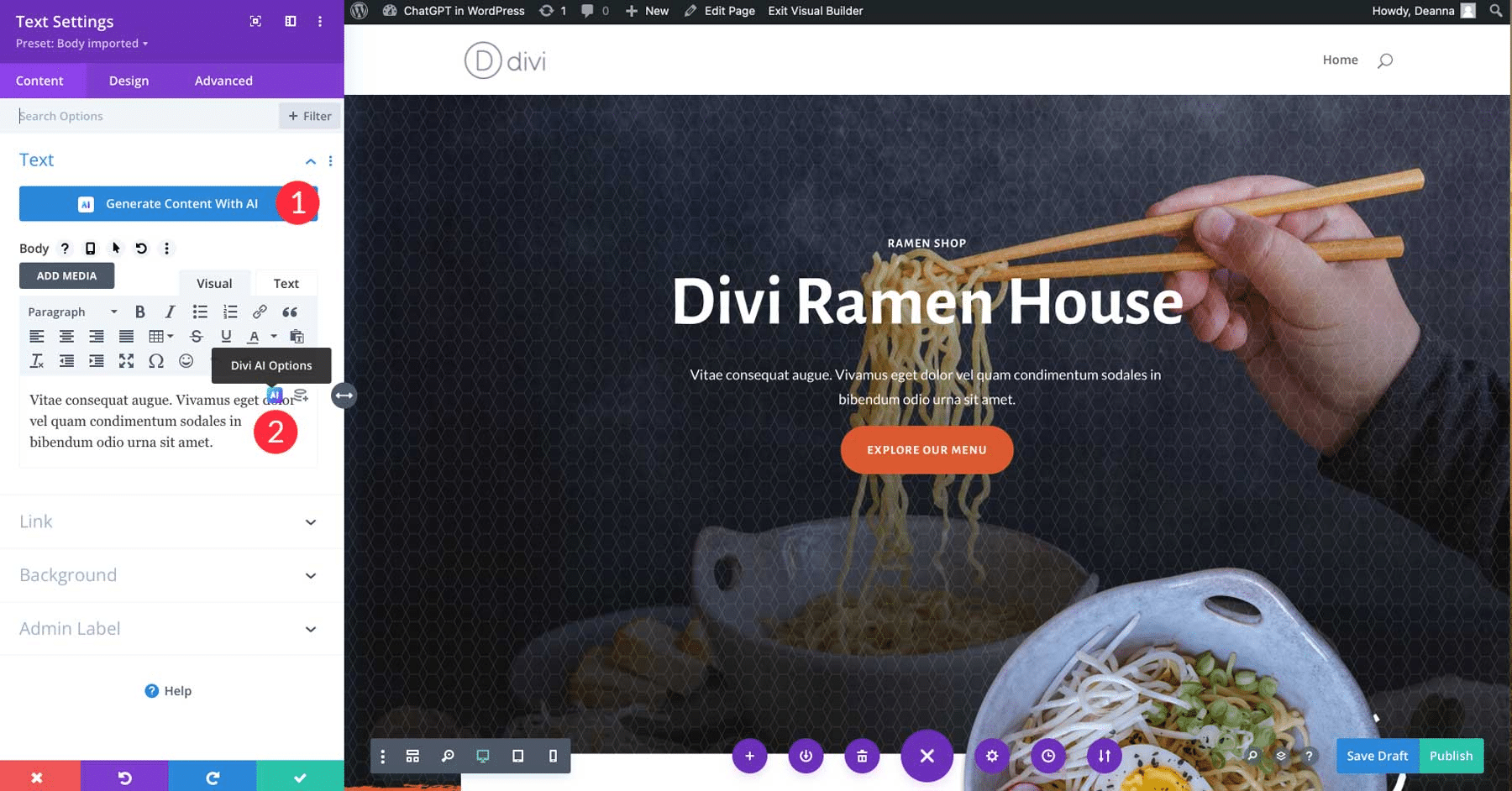 Divi 构建器显示带有“使用 AI 生成内容”按钮的模块设置(来源:Elegant Themes)