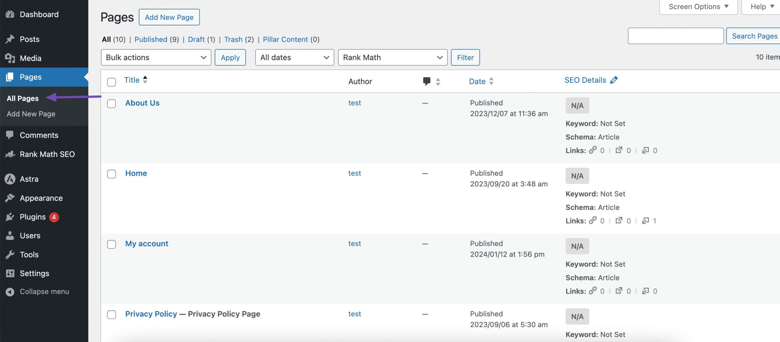 WordPress 页面列表