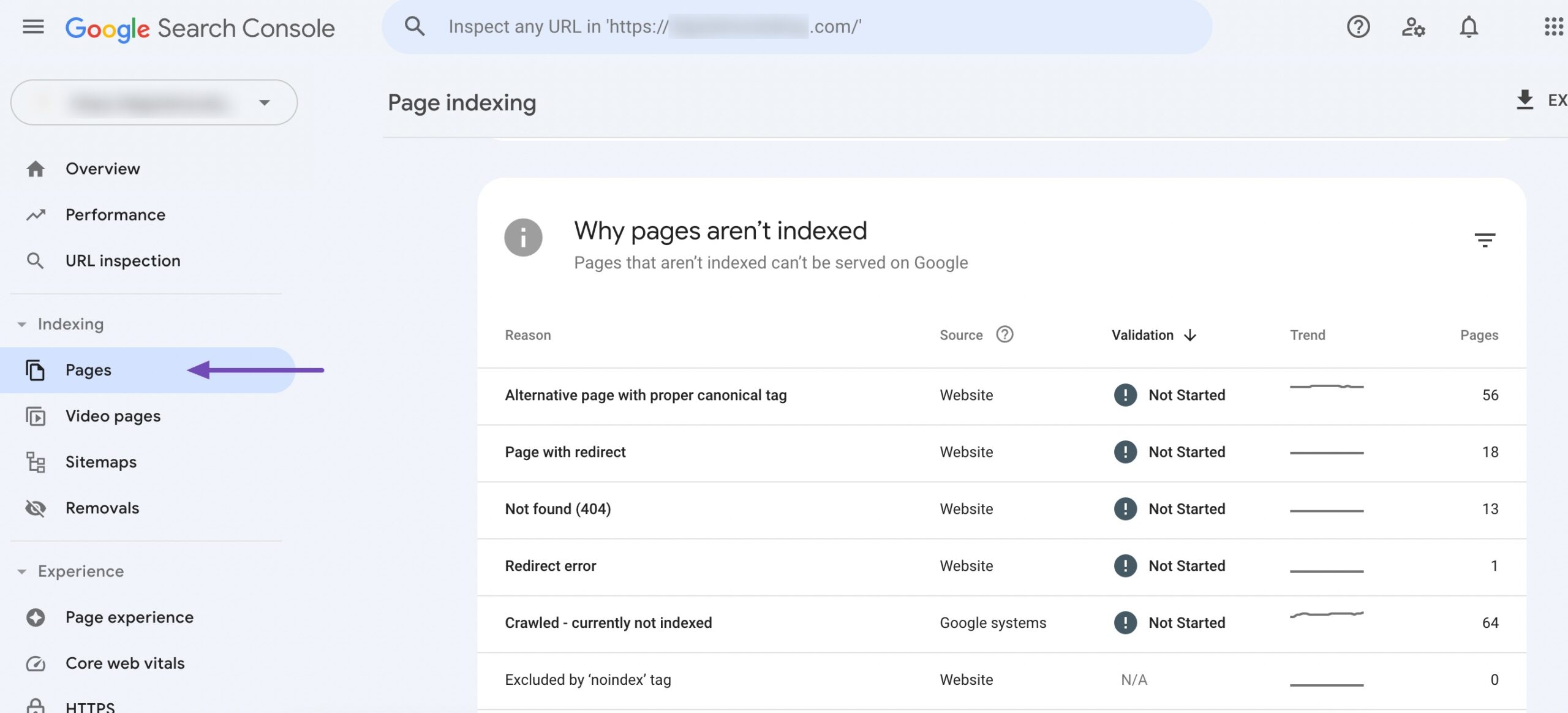 Google Search Console 中的页面部分