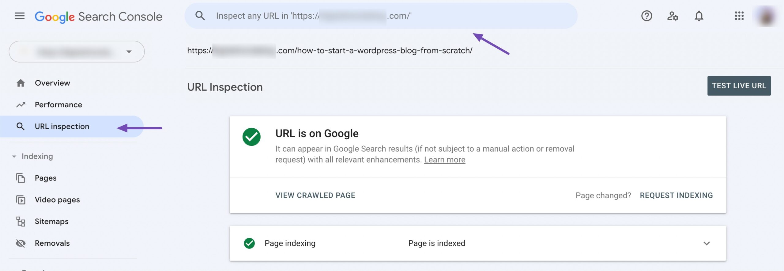 Google Search Console 中的 URL 检查